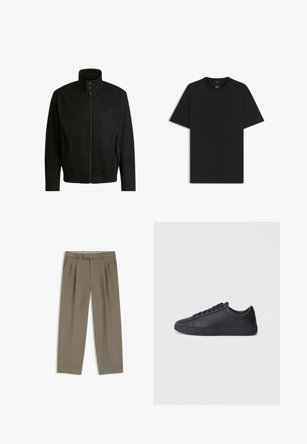 Zwarte jas met een hoge kraag, ritssluiting aan de voorkant en elastische tailleband. Voorzien van zijzakken met deksels en subtiele logo-details.; Zwarte korte mouwen T-shirt van een gladde katoenmix, met een ronde halslijn en een minimalistisch ontwerp zonder patronen of accenten.; Khaki geplooide broeken met zijzakken, riemlussen en een rechte pijp, plat weergegeven op een witte achtergrond.; Zwarte sneakers van glad leer met een lage schacht, ronde neus en platte rubberen zool. Voorzien van veters en subtiele branding.