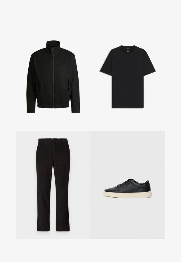 Zwarte jas met een hoge kraag, ritssluiting aan de voorkant en elastische tailleband. Voorzien van zijzakken met deksels en subtiele logo-details.; Zwarte korte mouwen T-shirt van een gladde katoenmix, met een ronde halslijn en een minimalistisch ontwerp zonder patronen of accenten.; Zwarte corduroybroek met een recht model, voorzien van een knoopsluiting en twee voorkruiszakken. Zachte stof met een subtiele ribbelstructuur.; Zwarte leren sneaker met lage schacht, zwarte veters en off-white zool, weergegeven in zijprofiel op een witte achtergrond.