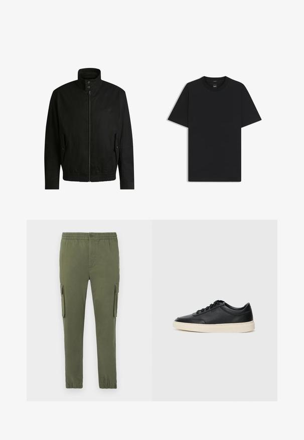 Zwarte jas met een hoge kraag, ritssluiting aan de voorkant en elastische tailleband. Voorzien van zijzakken met deksels en subtiele logo-details.; Zwarte korte mouwen T-shirt van een gladde katoenmix, met een ronde halslijn en een minimalistisch ontwerp zonder patronen of accenten.; Cargo-broeken in olijfgroen, gemaakt van een lichtgewicht stof. Voorzien van een elastische tailleband, knoopsluiting en zijzakken met rits.; Zwarte leren sneaker met lage schacht, zwarte veters en off-white zool, weergegeven in zijprofiel op een witte achtergrond.