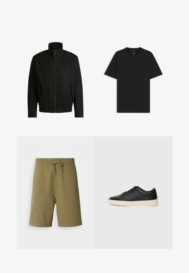 Black jacket with a high collar, zippered front, and elastic waistband. Features side pockets with cover flaps and subtle logo detailing.; Black short-sleeve T-shirt made from a smooth cotton blend, featuring a crew neckline and a minimalistic design with no patterns or accents.; Khaki athletic shorts made of soft cotton blend, featuring an elastic waistband with drawstring, side pockets, and a logo patch.; Black low-top leather sneaker with black laces and off-white sole shown in side profile on white background.