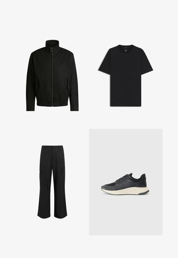 Schwarze Jacke mit hohem Kragen, Reißverschluss vorne und elastischem Bund. Enthält Seitentaschen mit Klappen und dezenten Logodetails.; Schwarz T-Shirt mit kurzen Ärmeln aus einem glatten Baumwollmix, mit Rundhalsausschnitt und einem minimalistischen Design ohne Muster oder Akzente.; Schwarze Cargo-Hose aus leichtem Stoff, mit entspannter Passform, zwei großen Seitentaschen und Knopfverschluss.; Schwarzer athletischer Sneaker mit einem Obermaterial aus Mesh mit Perforationen, einer strukturierten Zwischensohle in Creme und einer Gummisohle für besseren Halt.