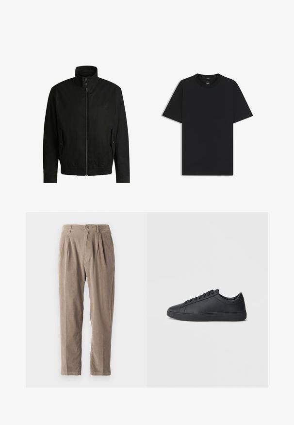 Giacca nera con colletto alto, chiusura con zip e vita elasticizzata. Presenta tasche laterali con flap di copertura e dettagli del logo discreti.; Maglietta nera a maniche corte realizzata in un morbido misto cotone, con scollatura a girocollo e un design minimalista senza motivi o dettagli.; Pantaloni in corduroy beige con vestibilità rilassata, caratterizzati da pieghe, chiusura con bottone e tasche laterali, superficie testurizzata e design a gamba affusolata.; Sneakers neri realizzati in pelle liscia, con design a bassa cima, punta rotonda e suola piatta in gomma. Presentano lacci e un branding discreto.