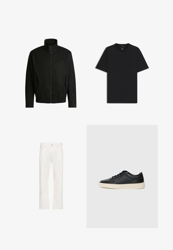 Czarna kurtka z wysokim kołnierzem, zamkiem błyskawicznym z przodu i elastycznym paskiem u dołu. Posiada boczne kieszenie z klapkami oraz subtelne detale logo.; Czarny t-shirt krótki rękaw wykonany z gładkiej mieszanki bawełny, z okrągłym dekoltem i minimalistycznym designem bez wzorów czy akcentów.; Białe dżinsy w prostym kroju, z pięcioma kieszeniami i widocznym ściegem. Posiadają zapięcie na guziki i szlufki na pasek.; Czarne niskie skórzane sneakersy z czarnymi sznurówkami i off-white podeszwą, prezentowane w profilu bocznym na białym tle.