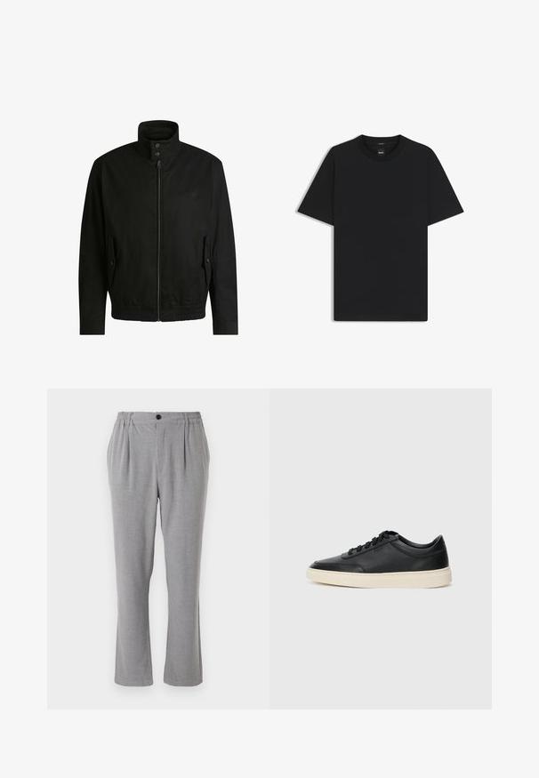Musta takki korkealla kauluksella, vetoketjulla edessä ja joustavalla vyötäröllä. Varustettu sivutaskuilla, joissa on suojapeitteet ja hienovarainen logotaito.; Musta lyhythiha T-paita, joka on valmistettu sileästä puuvillasekoitteesta. Paita on varustettu pyöreällä pääntiehen ja siinä on minimaalinen muotoilu ilman kuvioita tai yksityiskohtia.; Harmaat housut, joissa on teksturoitu kangas, varustettu nappisulkimella ja joustavalla vyötäröllä. Suorat lahkeet, joissa on sivuvarsia.; Musta matalavartinen nahkastretchu, jossa on mustat nauhat ja vaaleanharmaa pohja, esitetty sivuprofiilissa valkoista taustaa vasten.