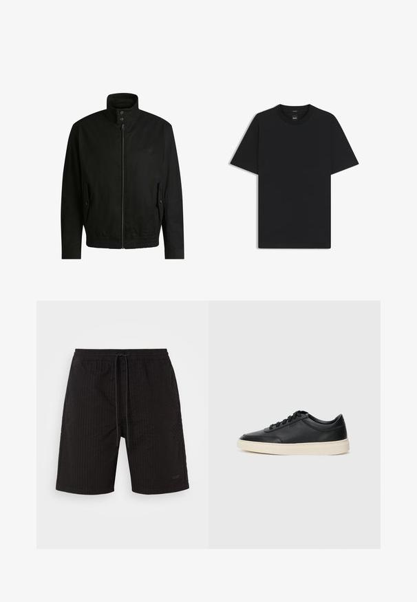 Schwarze Jacke mit hohem Kragen, Reißverschluss vorne und elastischem Bund. Enthält Seitentaschen mit Klappen und dezenten Logodetails.; Schwarz T-Shirt mit kurzen Ärmeln aus einem glatten Baumwollmix, mit Rundhalsausschnitt und einem minimalistischen Design ohne Muster oder Akzente.; Schwarze Badehorts mit einem strukturierten, gerippten Muster. Elastischer Bund mit Kordelzug. Dezentes Branding auf der unteren Vorderseite. Keine Taschen.; Schwarzer niedriger Ledersneaker mit schwarzen Schnürsenkeln und cremefarbenem Sohlenrand, seitlich auf weißem Hintergrund dargestellt.