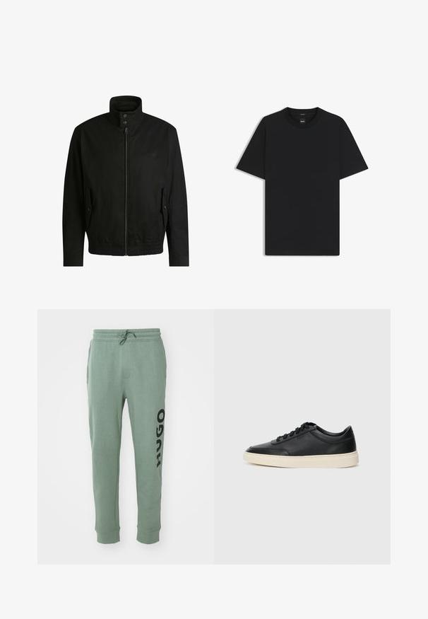 Sort jakke med høj krave, lynlåslukning foran og elastisk liv. Har sidelommer med coverlapper og subtile logo-detaljer.; Sort kortærmet T-shirt lavet af en glat bomuldsblanding, med en rund halsudskæring og et minimalistisk design uden mønstre eller accenter.; Grønne sweatslugter lavet af blødt stof, med snor i taljen og sidelommer. "HUGO" trykt i fed sort på venstre ben.; Sort lavt top lædersneaker med sorte snørebånd og off-white sål vist i sideprofil på hvid baggrund.