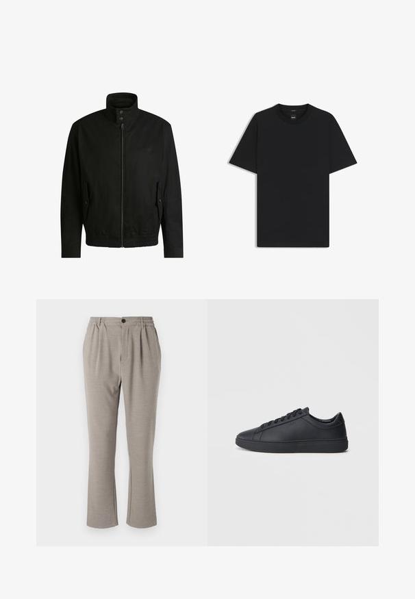 Black jacket with a high collar, zippered front, and elastic waistband. Features side pockets with cover flaps and subtle logo detailing.; Black short-sleeve T-shirt made from a smooth cotton blend, featuring a crew neckline and a minimalistic design with no patterns or accents.; Light grey pants with a relaxed fit, made of soft fabric, featuring an elastic waistband, pleats, and a single button closure.; Black sneakers made of smooth leather with a low-top design, round toe, and flat rubber sole. Features laces and subtle branding.