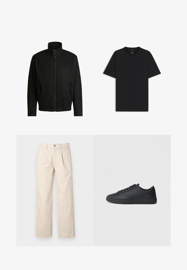 Black jacket with a high collar, zippered front, and elastic waistband. Features side pockets with cover flaps and subtle logo detailing.; Black short-sleeve T-shirt made from a smooth cotton blend, featuring a crew neckline and a minimalistic design with no patterns or accents.; Beige wide-leg trousers with a high waist, featuring front pleats, a front button closure, and a smooth cotton fabric.; Black sneakers made of smooth leather with a low-top design, round toe, and flat rubber sole. Features laces and subtle branding.