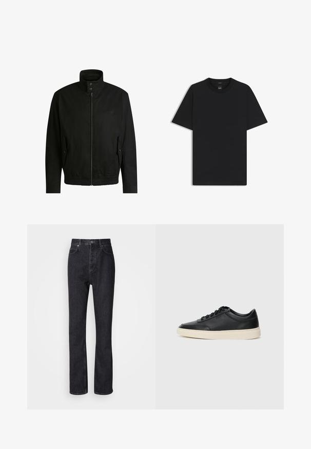 Veste noire avec un col haut, fermeture éclair à l'avant et taille élastique. Dispose de poches latérales avec rabats de protection et d'un logo discret.; T-shirt noir à manches courtes en coton mélangé doux, avec un col rond et un design minimaliste sans motifs ni accents.; Jean en denim noir taille haute avec fermeture à bouton et à glissière, poches avant et arrière, et coupe droite.; Baskets en cuir noires à tiges basses avec lacets noirs et semelle ivoire, présentées en profil latéral sur fond blanc.