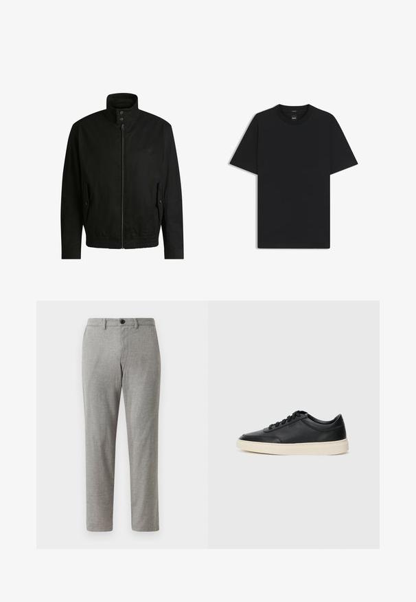 Svart jacka med hög krage, dragkedja fram och elastiskt midjeband. Har fickor på sidorna med lock och subtil logodetalj.; Svart kortärmad T-shirt i en mjuk bomullsblandning, med rundad halsringning och en minimalistisk design utan mönster eller detaljer.; Grå vävda byxor med rak passform, med knäppning och bältesöglor; slät textur och lätt tyg för avslappnad användning.; Svart låg skor i läder med svarta snören och off-white sula, visas i sidoprofil på vit bakgrund.