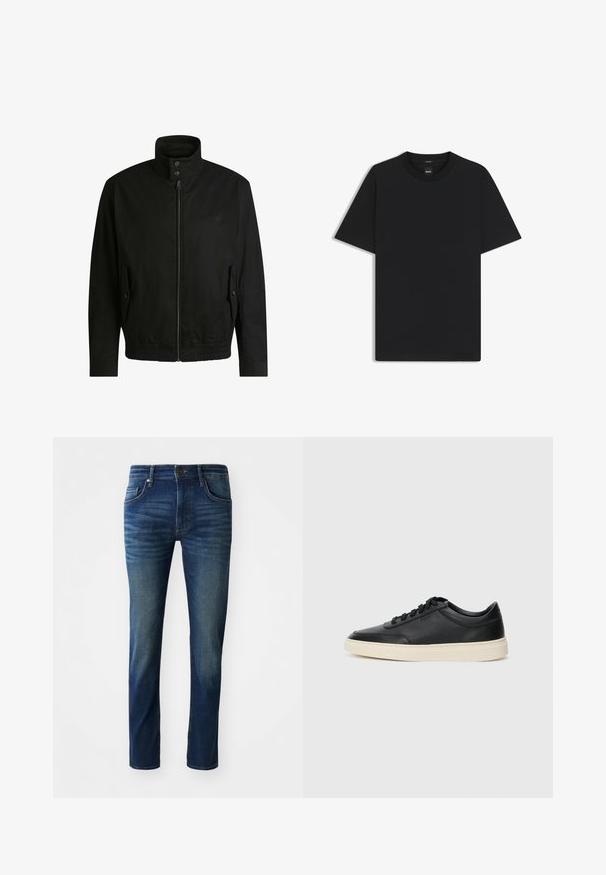 Giacca nera con colletto alto, chiusura con zip e vita elasticizzata. Presenta tasche laterali con flap di copertura e dettagli del logo discreti.; Maglietta nera a maniche corte realizzata in un morbido misto cotone, con scollatura a girocollo e un design minimalista senza motivi o dettagli.; Jeans in denim blu scuro con una vestibilità slim, dotati di cinque tasche, chiusura con bottone frontale e una leggera trama sfumata sulle gambe.; Sneaker in pelle nera a basso profilo con lacci neri e suola avorio, mostrato di profilo su sfondo bianco.