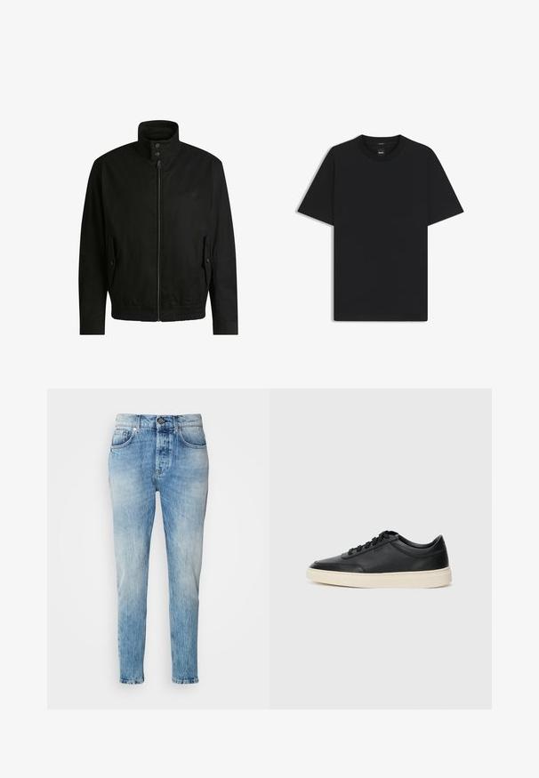 Musta takki korkealla kauluksella, vetoketjulla edessä ja joustavalla vyötäröllä. Varustettu sivutaskuilla, joissa on suojapeitteet ja hienovarainen logotaito.; Musta lyhythiha T-paita, joka on valmistettu sileästä puuvillasekoitteesta. Paita on varustettu pyöreällä pääntiehen ja siinä on minimaalinen muotoilu ilman kuvioita tai yksityiskohtia.; Vaaleansiniset farkut, joissa on haalistunut pesu, suorat lahkeet, viisi taskua ja metallinen napitus. Hieman kulutusta lantion kohdalla.; Musta matalavartinen nahkastretchu, jossa on mustat nauhat ja vaaleanharmaa pohja, esitetty sivuprofiilissa valkoista taustaa vasten.