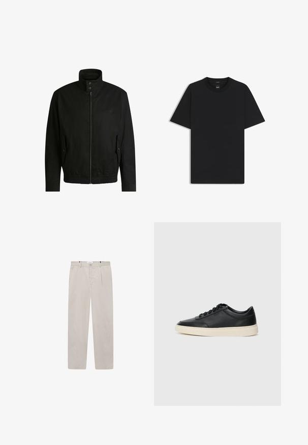 Zwarte jas met een hoge kraag, ritssluiting aan de voorkant en elastische tailleband. Voorzien van zijzakken met deksels en subtiele logo-details.; Zwarte korte mouwen T-shirt van een gladde katoenmix, met een ronde halslijn en een minimalistisch ontwerp zonder patronen of accenten.; Lichtbeige broek van zachte stof, met een rechte snit, twee zijzakken en een knoopsluiting aan de voorkant. Lichtgewicht en gladde textuur.; Zwarte leren sneaker met lage schacht, zwarte veters en off-white zool, weergegeven in zijprofiel op een witte achtergrond.