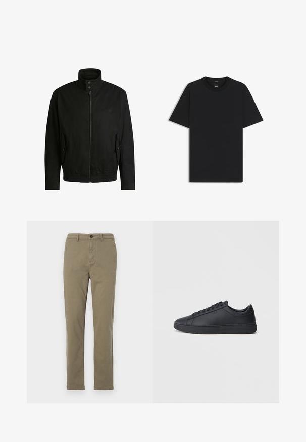 Black jacket with a high collar, zippered front, and elastic waistband. Features side pockets with cover flaps and subtle logo detailing.; Black short-sleeve T-shirt made from a smooth cotton blend, featuring a crew neckline and a minimalistic design with no patterns or accents.; Olive green cotton chinos with a straight leg design, front button closure, and side pockets. Smooth texture and minimal detailing.; Black sneakers made of smooth leather with a low-top design, round toe, and flat rubber sole. Features laces and subtle branding.
