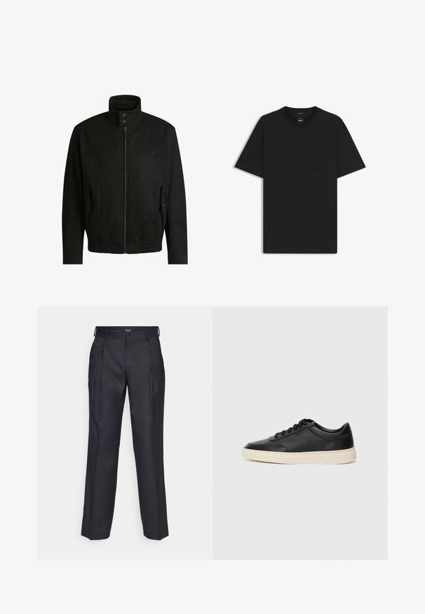 Black jacket with a high collar, zippered front, and elastic waistband. Features side pockets with cover flaps and subtle logo detailing.; Black short-sleeve T-shirt made from a smooth cotton blend, featuring a crew neckline and a minimalistic design with no patterns or accents.; Dark blue tailored trousers with pleats, made from smooth fabric. Features a button closure and belt loops. Clean, straight-leg design.; Black low-top leather sneaker with black laces and off-white sole shown in side profile on white background.