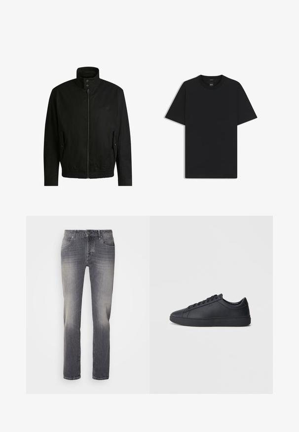 Zwarte jas met een hoge kraag, ritssluiting aan de voorkant en elastische tailleband. Voorzien van zijzakken met deksels en subtiele logo-details.; Zwarte korte mouwen T-shirt van een gladde katoenmix, met een ronde halslijn en een minimalistisch ontwerp zonder patronen of accenten.; Grijze denim jeans met een recht gesneden pijp, voorzien van vervaging op de dijen, vijf zakken en een zilveren knoopsluiting in de taille.; Zwarte sneakers van glad leer met een lage schacht, ronde neus en platte rubberen zool. Voorzien van veters en subtiele branding.