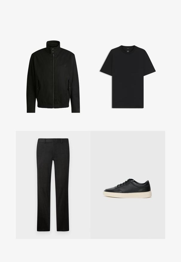 Schwarze Jacke mit hohem Kragen, Reißverschluss vorne und elastischem Bund. Enthält Seitentaschen mit Klappen und dezenten Logodetails.; Schwarz T-Shirt mit kurzen Ärmeln aus einem glatten Baumwollmix, mit Rundhalsausschnitt und einem minimalistischen Design ohne Muster oder Akzente.; Schwarze Maßanzug-Hosen aus strukturiertem Stoff, mit geradem Beinanschnitt, Reißverschluss vorne und Knopfverschluss.; Schwarzer niedriger Ledersneaker mit schwarzen Schnürsenkeln und cremefarbenem Sohlenrand, seitlich auf weißem Hintergrund dargestellt.