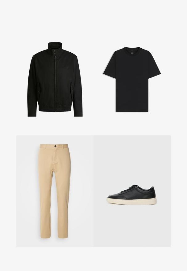 Sort jakke med høj krave, lynlåslukning foran og elastisk liv. Har sidelommer med coverlapper og subtile logo-detaljer.; Sort kortærmet T-shirt lavet af en glat bomuldsblanding, med en rund halsudskæring og et minimalistisk design uden mønstre eller accenter.; Beige chinos lavet af et glat bomuldsstof, slim fit, flad front, bæltestropper og lukning med én knap. Skræddersyet design med subtile syninger.; Sort lavt top lædersneaker med sorte snørebånd og off-white sål vist i sideprofil på hvid baggrund.