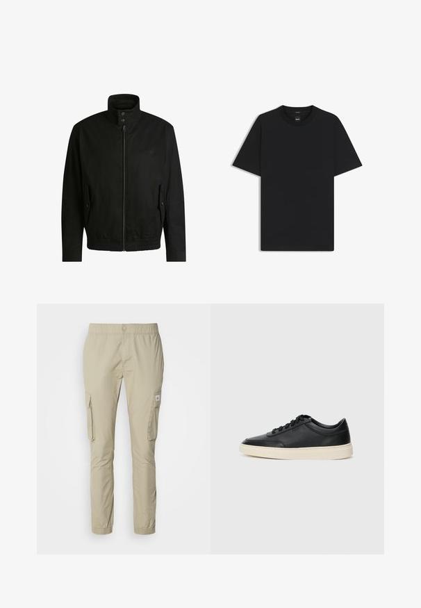 Musta takki korkealla kauluksella, vetoketjulla edessä ja joustavalla vyötäröllä. Varustettu sivutaskuilla, joissa on suojapeitteet ja hienovarainen logotaito.; Musta lyhythiha T-paita, joka on valmistettu sileästä puuvillasekoitteesta. Paita on varustettu pyöreällä pääntiehen ja siinä on minimaalinen muotoilu ilman kuvioita tai yksityiskohtia.; Beige cargo-housut, joissa on joustava vyötärö, kaksi sivutaskua ja sileä pinta. Taskussa on pieni logo-ompelu.; Musta matalavartinen nahkastretchu, jossa on mustat nauhat ja vaaleanharmaa pohja, esitetty sivuprofiilissa valkoista taustaa vasten.