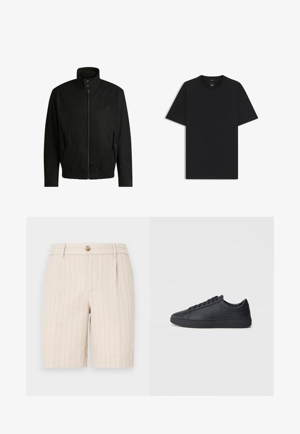 Black jacket with a high collar, zippered front, and elastic waistband. Features side pockets with cover flaps and subtle logo detailing.; Black short-sleeve T-shirt made from a smooth cotton blend, featuring a crew neckline and a minimalistic design with no patterns or accents.; Beige shorts made of a lightweight fabric, featuring a pinstripe pattern, a front button closure, and side pockets.; Black sneakers made of smooth leather with a low-top design, round toe, and flat rubber sole. Features laces and subtle branding.