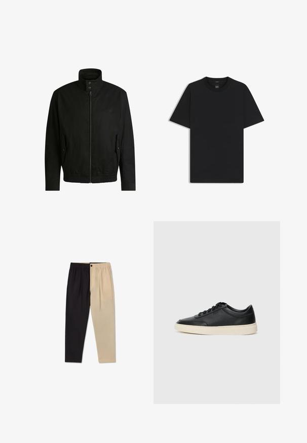 Black jacket with a high collar, zippered front, and elastic waistband. Features side pockets with cover flaps and subtle logo detailing.; Black short-sleeve T-shirt made from a smooth cotton blend, featuring a crew neckline and a minimalistic design with no patterns or accents.; Two-tone trousers with an elastic waistband; one side in black, the other in beige, featuring a smooth texture and tailored pleats.; Black low-top leather sneaker with black laces and off-white sole shown in side profile on white background.