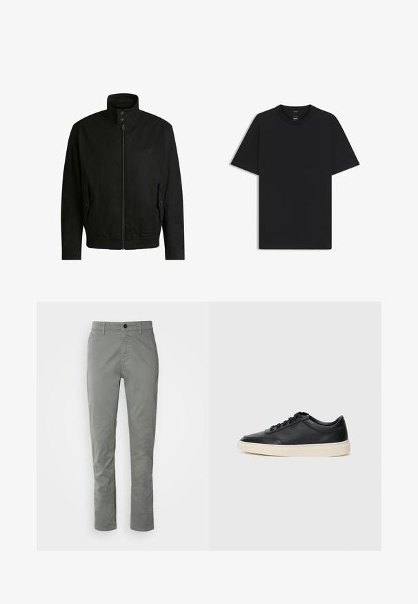 Black jacket with a high collar, zippered front, and elastic waistband. Features side pockets with cover flaps and subtle logo detailing.; Black short-sleeve T-shirt made from a smooth cotton blend, featuring a crew neckline and a minimalistic design with no patterns or accents.; BOSS CHINO - Chinos - open grey; Black low-top leather sneaker with black laces and off-white sole shown in side profile on white background.