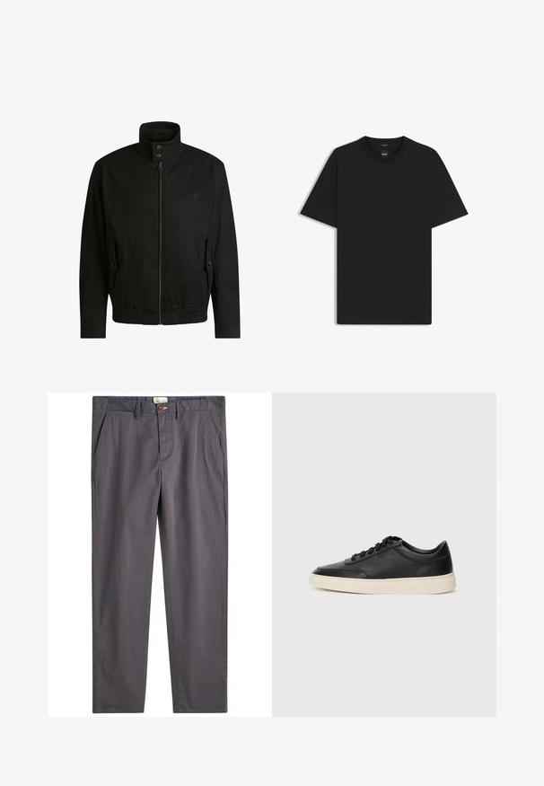 Sort jakke med høj krave, lynlåslukning foran og elastisk liv. Har sidelommer med coverlapper og subtile logo-detaljer.; Sort kortærmet T-shirt lavet af en glat bomuldsblanding, med en rund halsudskæring og et minimalistisk design uden mønstre eller accenter.; Grå bomuldsbukser med lige ben, knaplukning og sidelommer. Glat tekstur med subtile syninger.; Sort lavt top lædersneaker med sorte snørebånd og off-white sål vist i sideprofil på hvid baggrund.