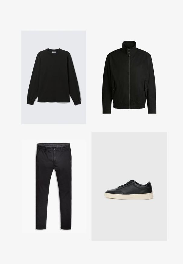 Black jacket with a high collar, zippered front, and elastic waistband. Features side pockets with cover flaps and subtle logo detailing.; Black long-sleeve cotton t-shirt featuring a round neckline and ribbed cuffs, with a straight hem and minimal stitching details.; Black cotton chinos with a tapered fit, featuring five pockets, belt loops, and a smooth texture. Zip fly with a button closure.; Black low-top leather sneaker with black laces and off-white sole shown in side profile on white background.