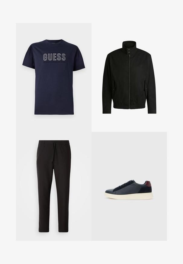 Schwarze Jacke mit hohem Kragen, Reißverschluss vorne und elastischem Bund. Enthält Seitentaschen mit Klappen und dezenten Logodetails.; Navyblaues Baumwoll-T-Shirt mit kurzen Ärmeln, das ein erhabenes "GUESS"-Logo und den Text "CLASSIC AMERICAN STYLE" in Weiß und Grau zeigt. Schlichte Gestaltung.; Schwarze Jogginghose aus glattem Stoff. Mit einem elastischen Bund und Kordelzug, schmal zulaufenden Beinen und ohne sichtbare Taschen. Einfaches Design.; Schwarze Leder- und Wildledersneaker für Herren mit einem ziegelroten Fersenpatch und weißer Gummisohle, von der Außenseite betrachtet.