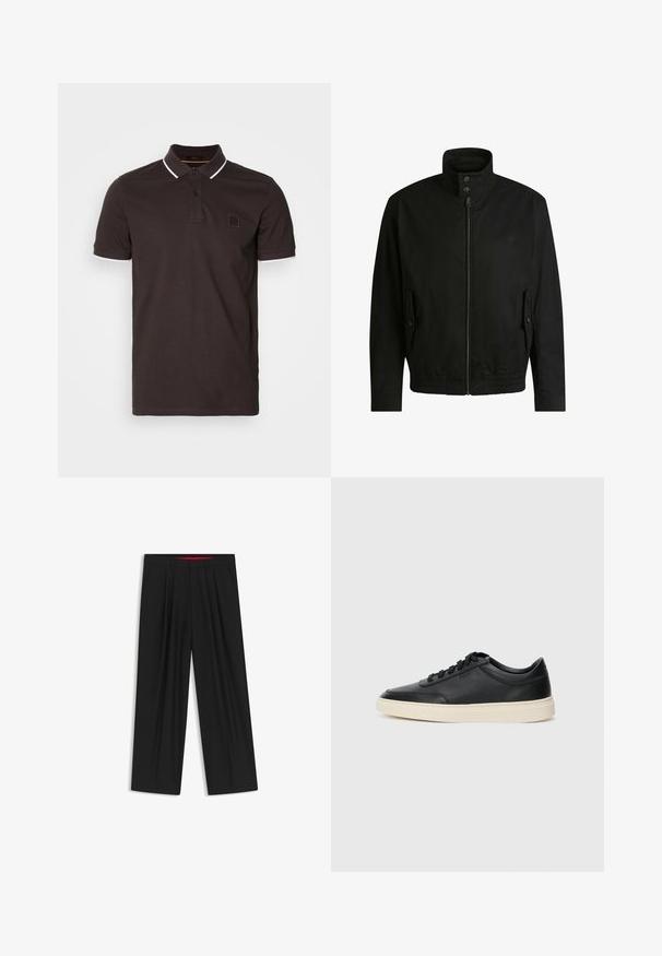 Schwarze Jacke mit hohem Kragen, Reißverschluss vorne und elastischem Bund. Enthält Seitentaschen mit Klappen und dezenten Logodetails.; Dunkelbraunes Poloshirt aus Baumwolle mit klassischem Kragen, zwei Knöpfen und weißen Akzenten am Kragen und an den Ärmeln. Kleines Logo auf der Brust.; Schwarze weit geschnittene Hosen mit flachem Bund, zwei seitlichen Taschen, gefaltetem Design und einem kontrastierenden roten Innenbund.; Schwarzer niedriger Ledersneaker mit schwarzen Schnürsenkeln und cremefarbenem Sohlenrand, seitlich auf weißem Hintergrund dargestellt.
