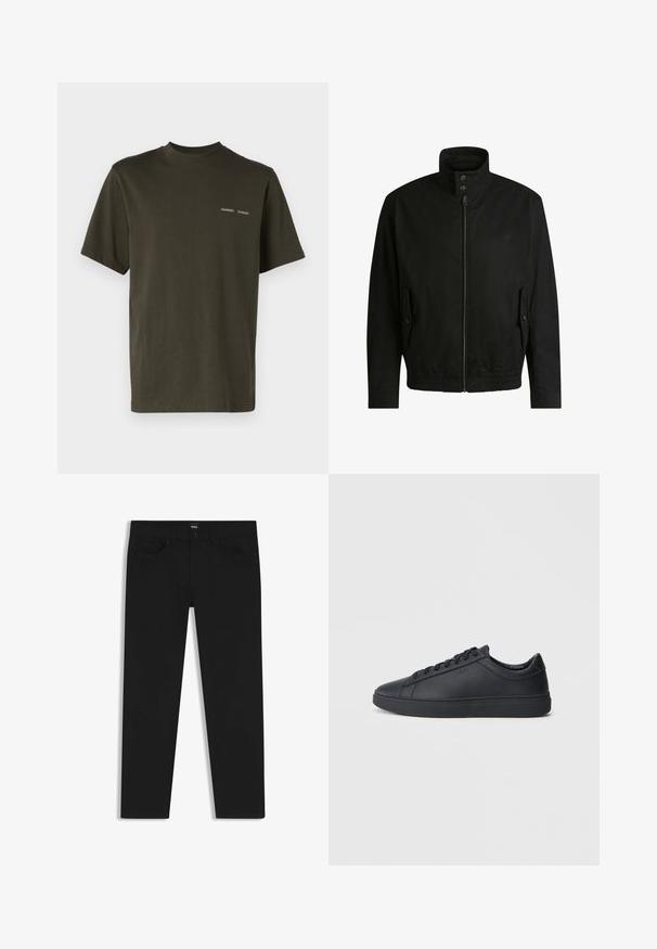 Black jacket with a high collar, zippered front, and elastic waistband. Features side pockets with cover flaps and subtle logo detailing.; Dark green cotton T-shirt with short sleeves, a round neck, and subtle white "SAMSØE" logo printed on the chest. Smooth texture.; Black denim trousers with a straight cut, featuring a standard waistband, five pockets, and a button closure. Smooth texture throughout.; Black sneakers made of smooth leather with a low-top design, round toe, and flat rubber sole. Features laces and subtle branding.