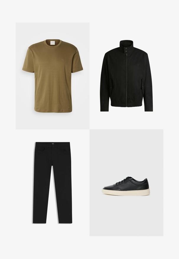 Black jacket with a high collar, zippered front, and elastic waistband. Features side pockets with cover flaps and subtle logo detailing.; Olive green cotton T-shirt with a crew neck, short sleeves, and a small embroidered logo on the chest. Smooth texture and relaxed fit.; Black denim trousers with a straight cut, featuring a standard waistband, five pockets, and a button closure. Smooth texture throughout.; Black low-top leather sneaker with black laces and off-white sole shown in side profile on white background.