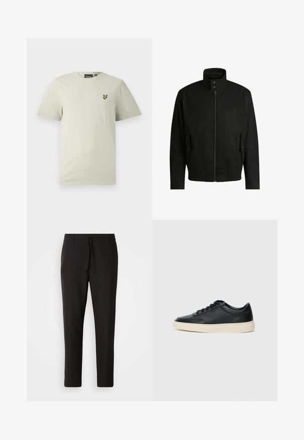 Zwarte jas met een hoge kraag, ritssluiting aan de voorkant en elastische tailleband. Voorzien van zijzakken met deksels en subtiele logo-details.; Lichtgroene katoenen t-shirt met korte mouwen en een ronde hals, met een klein groen geborduurd logo op de linkerborst.; Zwarte joggingsbroek van gladde stof. Kenmerkt zich door een elastische tailleband met een trekkoord, taps toelopende benen en geen zichtbare zakken. Eenvoudig ontwerp.; Zwarte leren sneaker met lage schacht, zwarte veters en off-white zool, weergegeven in zijprofiel op een witte achtergrond.