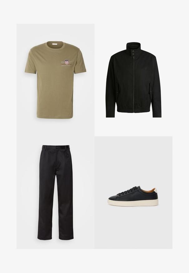 Sort jakke med høj krave, lynlåslukning foran og elastisk liv. Har sidelommer med coverlapper og subtile logo-detaljer.; Oliven grøn t-shirt i bomuldsstof med korte ærmer og rund hals, der har "GANT"-logoet med et skjold-design og tekst på venstre brystområde.; Sorte bukser lavet af glat stof, med frontknaplukning, pressefolder og lige ben. Ingen synlige mønstre eller accenter.; Sorte lædersneakers med en glat overflade, beige gummisål, snørebåndsdesign og en kontrastfarvet hæl.