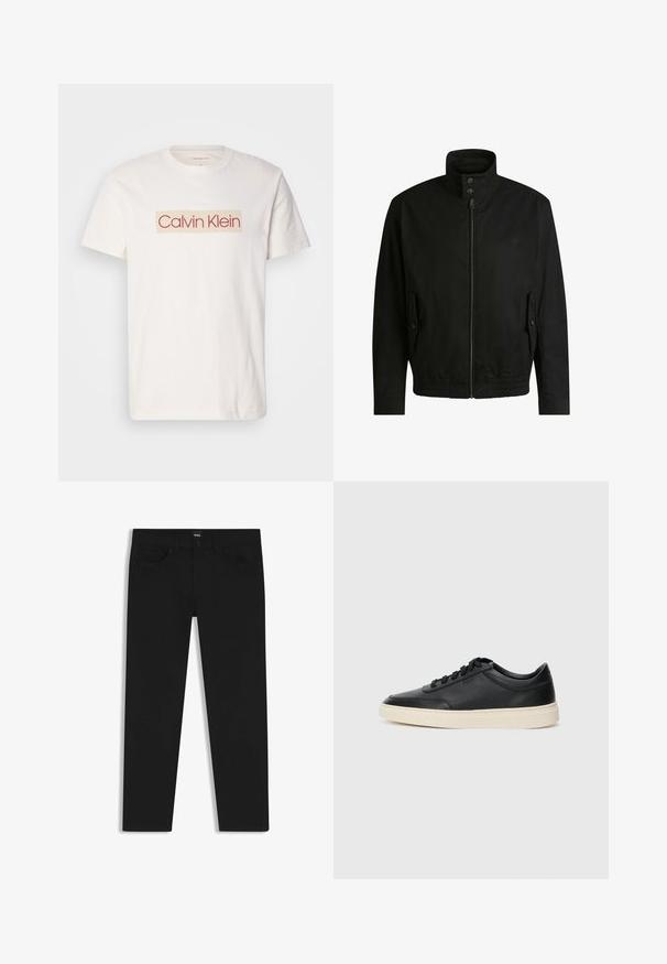 Musta takki korkealla kauluksella, vetoketjulla edessä ja joustavalla vyötäröllä. Varustettu sivutaskuilla, joissa on suojapeitteet ja hienovarainen logotaito.; Valkoinen puuvillapaita, jossa on neliön muotoinen logo, jossa lukee "Calvin Klein" punaisella ja beigellä. Lyhyt hiha ja pyöreä kaula-aukko.; Musta farkkutakki suoran leikkauksen kanssa, varustettuna tavallisella vyötäröllä, viidellä taskulla ja nappisulkimella. Yhtenäinen sileä pinta.; Musta matalavartinen nahkastretchu, jossa on mustat nauhat ja vaaleanharmaa pohja, esitetty sivuprofiilissa valkoista taustaa vasten.