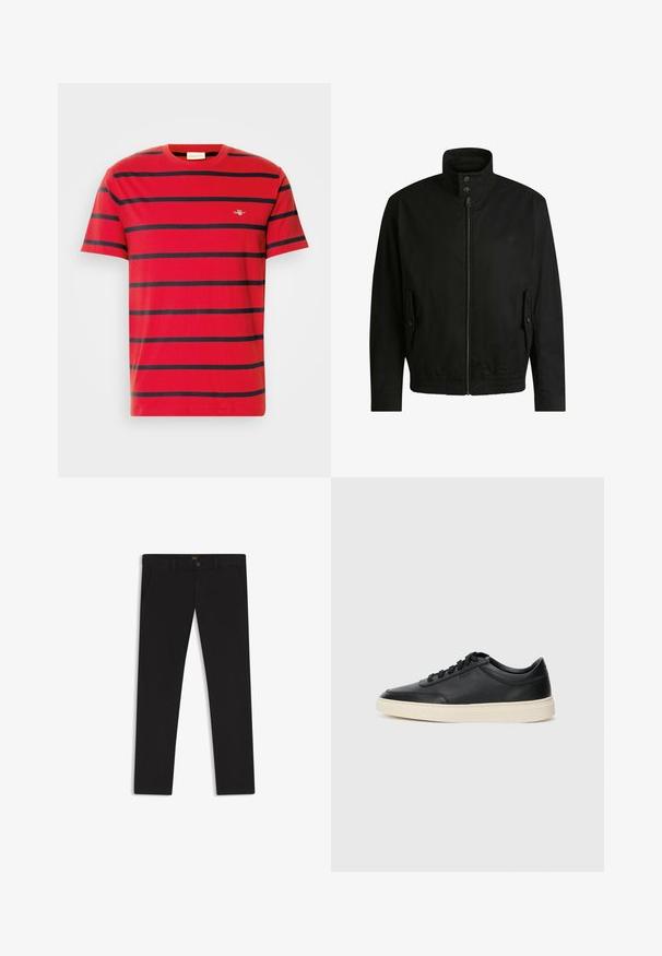 Schwarze Jacke mit hohem Kragen, Reißverschluss vorne und elastischem Bund. Enthält Seitentaschen mit Klappen und dezenten Logodetails.; Rotes Baumwoll-T-Shirt mit horizontalen marineblauen Streifen, einem Rundhalskragen und einem kleinen gestickten Logo auf der Brust. Klassisches Schnittdesign.; Schwarze Hosen aus einem Stoff mit glatter текстуре. Verfügt über einen Knopfverschluss, Gürtelschlaufen und Seitentaschen. Klassisches Design mit geradem Bein.; Schwarzer niedriger Ledersneaker mit schwarzen Schnürsenkeln und cremefarbenem Sohlenrand, seitlich auf weißem Hintergrund dargestellt.