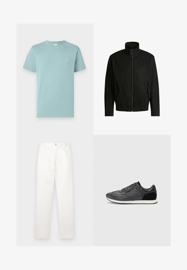 Sort jakke med høj krave, lynlåslukning foran og elastisk liv. Har sidelommer med coverlapper og subtile logo-detaljer.; Lyseblå bomulds T-shirt med rund hals og korte ærmer. Har et lille mærke-logo trykt i hvidt på brystet. Ensfarvet design.; Hvide bukser lavet af glat stof, med en lige ben design, forpleater og en enkelt knap lukning i taljen.; Sorte atletiske sneakers med overdel i læder, perforerede detaljer, suede accenter og en hvid gummisål. Klassisk snørebåndsdesign.