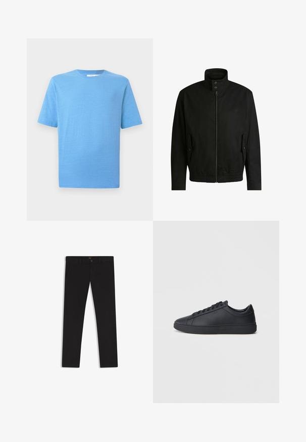 Svart jacka med hög krage, dragkedja fram och elastiskt midjeband. Har fickor på sidorna med lock och subtil logodetalj.; Kortärmad T-shirt i ljusblått, tillverkad av mjukt tyg. Har en klassisk rund halsringning och rak nederkant, med subtil texturdetalj.; Svarta byxor gjorda av tyg med en slät textur. Har en knäppning med knapp, bälteshällor och sidofickor. Standard rakt ben-design.; Svarta sneakers i slätt läder med låg design, rund tå och platt gummisula. Har snörning och subtil branding.