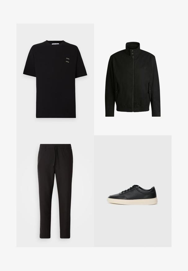Black jacket with a high collar, zippered front, and elastic waistband. Features side pockets with cover flaps and subtle logo detailing.; Black cotton T-shirt with short sleeves, round neck, featuring two small, embroidered "Samsøe" logos on the left chest area.; Black jogger pants made of smooth fabric. Feature an elastic waistband with a drawstring, tapered legs, and no visible pockets. Simple design.; Black low-top leather sneaker with black laces and off-white sole shown in side profile on white background.