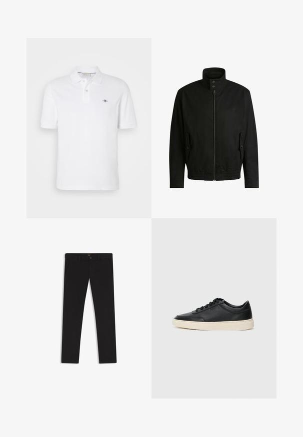 Zwarte jas met een hoge kraag, ritssluiting aan de voorkant en elastische tailleband. Voorzien van zijzakken met deksels en subtiele logo-details.; Witte polo shirt van katoen, met een klassieke kraag, korte mouwen en een klein geborduurd logo op de linkerborst.; Zwarte broek van stof met een gladde textuur. Bevat een knoopsluiting, riemlussen en zijzakken. Standaard straight-leg ontwerp.; Zwarte leren sneaker met lage schacht, zwarte veters en off-white zool, weergegeven in zijprofiel op een witte achtergrond.