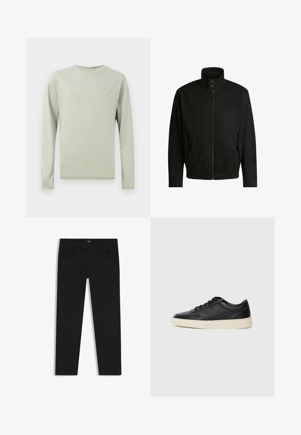 Musta takki korkealla kauluksella, vetoketjulla edessä ja joustavalla vyötäröllä. Varustettu sivutaskuilla, joissa on suojapeitteet ja hienovarainen logotaito.; Pitkähihainen paita vaaleanvihreästä kankaasta. Pyöreä kaula-aukko, yksinkertainen muotoilu ilman kuvioita. Pieni logo rinnassa. Pehmeä, sileä pinta.; Musta farkkutakki suoran leikkauksen kanssa, varustettuna tavallisella vyötäröllä, viidellä taskulla ja nappisulkimella. Yhtenäinen sileä pinta.; Musta matalavartinen nahkastretchu, jossa on mustat nauhat ja vaaleanharmaa pohja, esitetty sivuprofiilissa valkoista taustaa vasten.