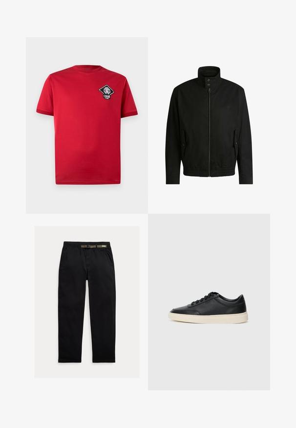 Sort jakke med høj krave, lynlåslukning foran og elastisk liv. Har sidelommer med coverlapper og subtile logo-detaljer.; Rød bomulds-T-shirt med korte ærmer, rund hals og et sort-hvidt logo i diamantform på venstre bryst.; Sorte bukser lavet af letvægtsstof, med en elastisk talje og et integreret grønt bælte, lige ben og sidelommer.; Sort lavt top lædersneaker med sorte snørebånd og off-white sål vist i sideprofil på hvid baggrund.