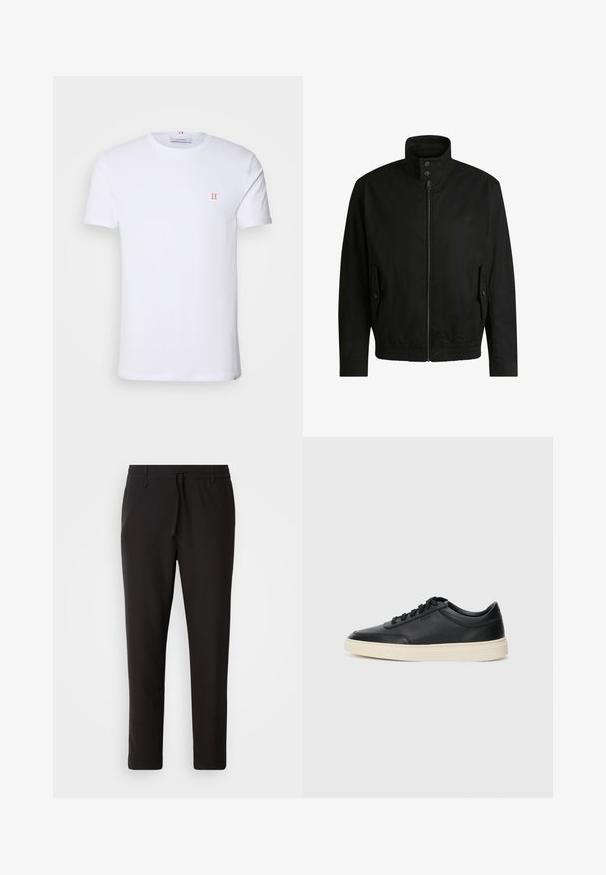 Black jacket with a high collar, zippered front, and elastic waistband. Features side pockets with cover flaps and subtle logo detailing.; White cotton t-shirt with short sleeves, featuring a small orange "II" logo on the left chest and a crew neckline. Simple design and texture.; Black jogger pants made of smooth fabric. Feature an elastic waistband with a drawstring, tapered legs, and no visible pockets. Simple design.; Black low-top leather sneaker with black laces and off-white sole shown in side profile on white background.