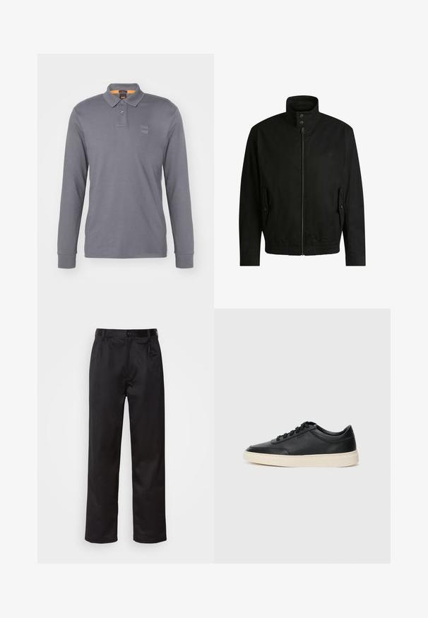 Schwarze Jacke mit hohem Kragen, Reißverschluss vorne und elastischem Bund. Enthält Seitentaschen mit Klappen und dezenten Logodetails.; BOSS PASSERBY - Poloshirt - dark grey; Schwarze Hosen aus glattem Stoff, mit einem Knopfverschluss vorne, Falten und geraden Beinen. Keine sichtbaren Muster oder Akzente.; Schwarzer niedriger Ledersneaker mit schwarzen Schnürsenkeln und cremefarbenem Sohlenrand, seitlich auf weißem Hintergrund dargestellt.