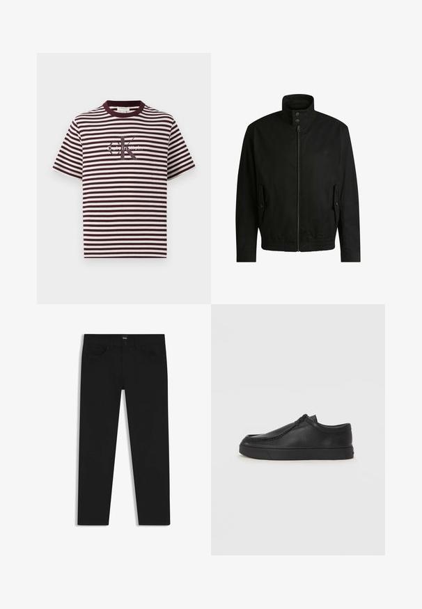 Musta takki korkealla kauluksella, vetoketjulla edessä ja joustavalla vyötäröllä. Varustettu sivutaskuilla, joissa on suojapeitteet ja hienovarainen logotaito.; Raidallinen T-paita viininpunaisena ja kermanvärisenä, jossa on pyöreä kaula-aukko ja lyhyet hihat. Keskellä näkyy "Calvin Klein" -logo. Pehmeä kangastuntu.; Musta farkkutakki suoran leikkauksen kanssa, varustettuna tavallisella vyötäröllä, viidellä taskulla ja nappisulkimella. Yhtenäinen sileä pinta.; Musta nahkainen slip-on-kengät pyöristetyllä varvalla, tikattu yksityiskohta ja musta kumipohja. Sileä pinta ja minimalistinen muotoilu.