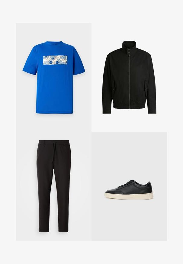 Black jacket with a high collar, zippered front, and elastic waistband. Features side pockets with cover flaps and subtle logo detailing.; Blue cotton t-shirt with a rectangular graphic design featuring rounded shapes and blue accents in a light-colored background. Short sleeves.; Black jogger pants made of smooth fabric. Feature an elastic waistband with a drawstring, tapered legs, and no visible pockets. Simple design.; Black low-top leather sneaker with black laces and off-white sole shown in side profile on white background.