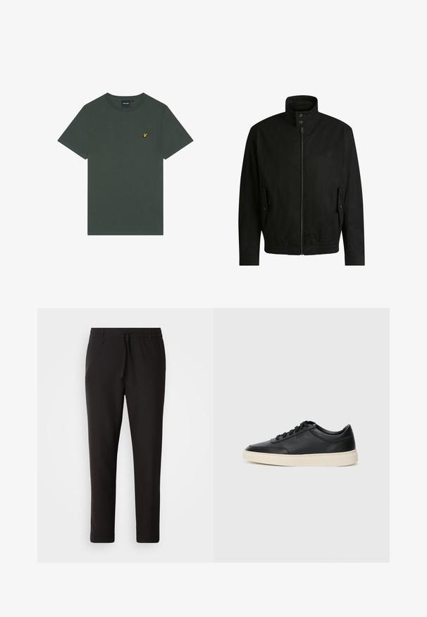 Zwarte jas met een hoge kraag, ritssluiting aan de voorkant en elastische tailleband. Voorzien van zijzakken met deksels en subtiele logo-details.; Donkergroen katoenen t-shirt met een ronde hals en korte mouwen. Heeft een klein geel geborduurd logo op de linkerborst.; Zwarte joggingsbroek van gladde stof. Kenmerkt zich door een elastische tailleband met een trekkoord, taps toelopende benen en geen zichtbare zakken. Eenvoudig ontwerp.; Zwarte leren sneaker met lage schacht, zwarte veters en off-white zool, weergegeven in zijprofiel op een witte achtergrond.