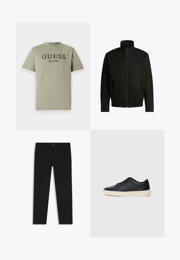 Musta takki korkealla kauluksella, vetoketjulla edessä ja joustavalla vyötäröllä. Varustettu sivutaskuilla, joissa on suojapeitteet ja hienovarainen logotaito.; Oliivinvihreä puuvillapaita, jossa on pyöreä kaula-aukko ja lyhyet hihat, ja jossa on tummanvihreällä kirjailtuna "GUESS EST. 1981" rinnan kohdalla.; Musta farkkutakki suoran leikkauksen kanssa, varustettuna tavallisella vyötäröllä, viidellä taskulla ja nappisulkimella. Yhtenäinen sileä pinta.; Musta matalavartinen nahkastretchu, jossa on mustat nauhat ja vaaleanharmaa pohja, esitetty sivuprofiilissa valkoista taustaa vasten.