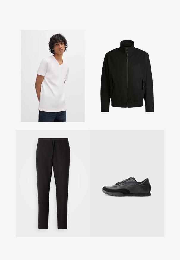 Black jacket with a high collar, zippered front, and elastic waistband. Features side pockets with cover flaps and subtle logo detailing.; White short-sleeve V-neck t-shirt made of smooth, lightweight fabric, paired with dark denim jeans. Simple design, no visible patterns.; Black jogger pants made of smooth fabric. Feature an elastic waistband with a drawstring, tapered legs, and no visible pockets. Simple design.; Black and gray sneaker with smooth leather upper, textured accents, round toe, six-eyelet lace closure, and a ridged rubber sole.
