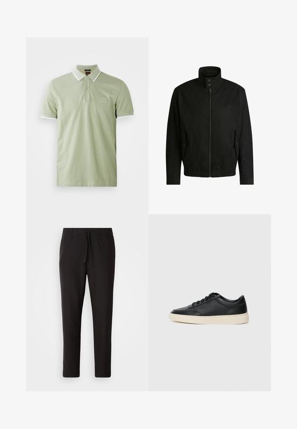 Black jacket with a high collar, zippered front, and elastic waistband. Features side pockets with cover flaps and subtle logo detailing.; Light green polo shirt made of cotton, features a classic collar, two-button placket, and white trim on collar and sleeves. Square logo on chest.; Black jogger pants made of smooth fabric. Feature an elastic waistband with a drawstring, tapered legs, and no visible pockets. Simple design.; Black low-top leather sneaker with black laces and off-white sole shown in side profile on white background.